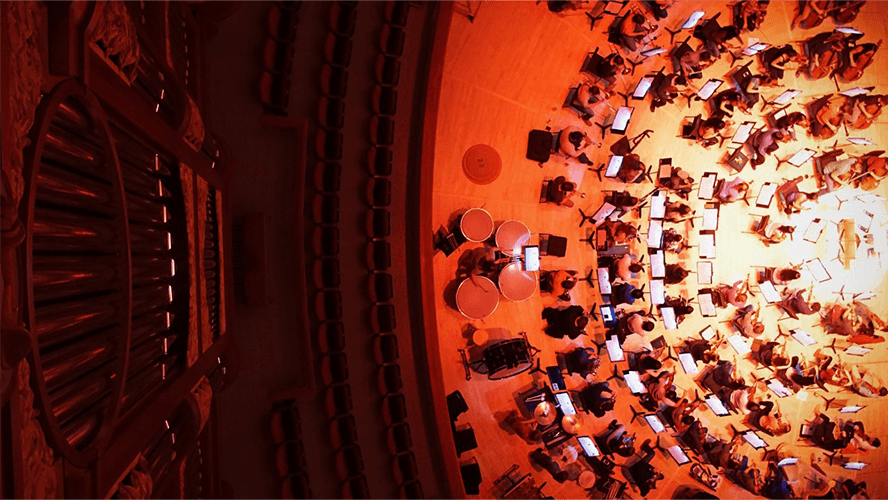 Overhead picture of musicians on the Schwartz Center stage