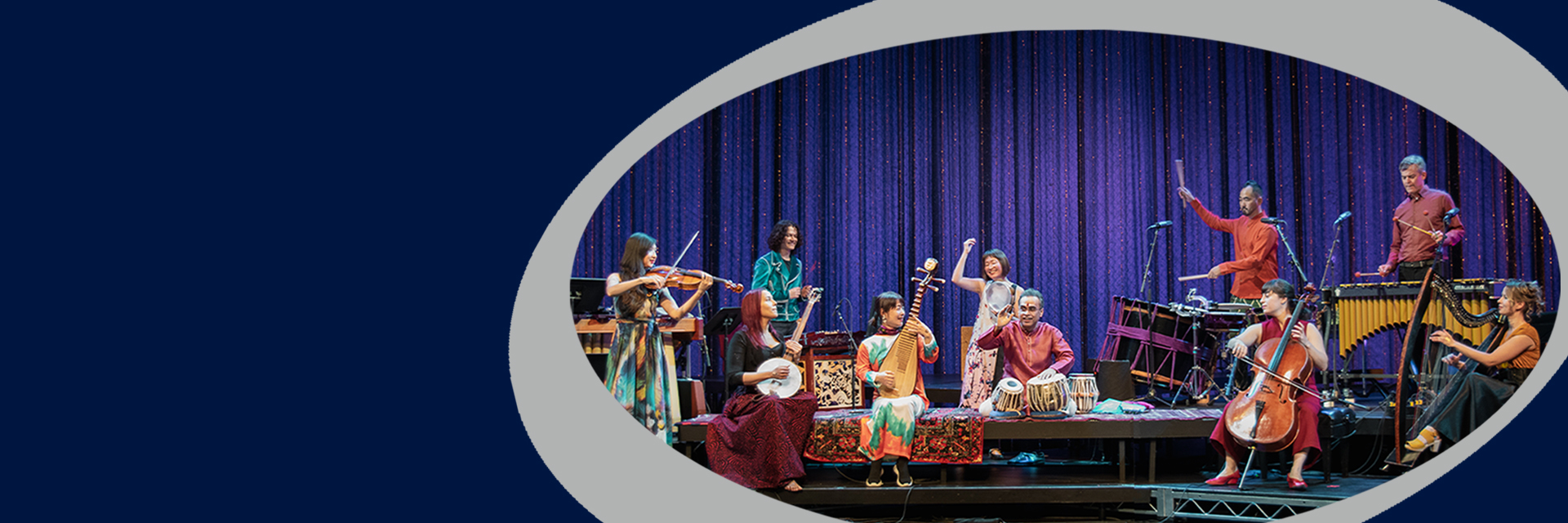 colorful picture featuring the musical artists of Silkroad Ensemble